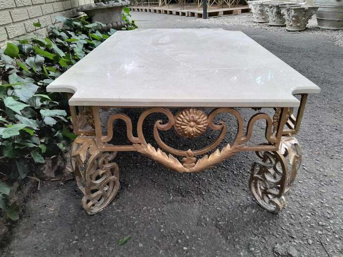 A French Ornate Style Wrought Iron With Marble Top Coffee Table