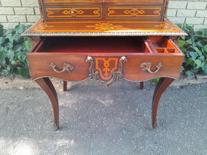 An Early 20th Century/Circa 1930 French Secretaire Inlaid And Gilt Metal In Two Parts With Glazed...