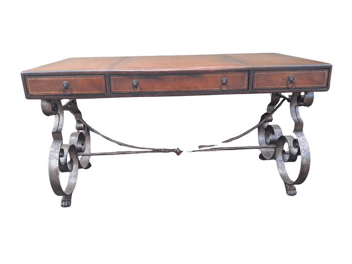 A 20TH Century American Maitland-Smith Victorian Style Leather Clad Wooden Table Desk On A Metal ...