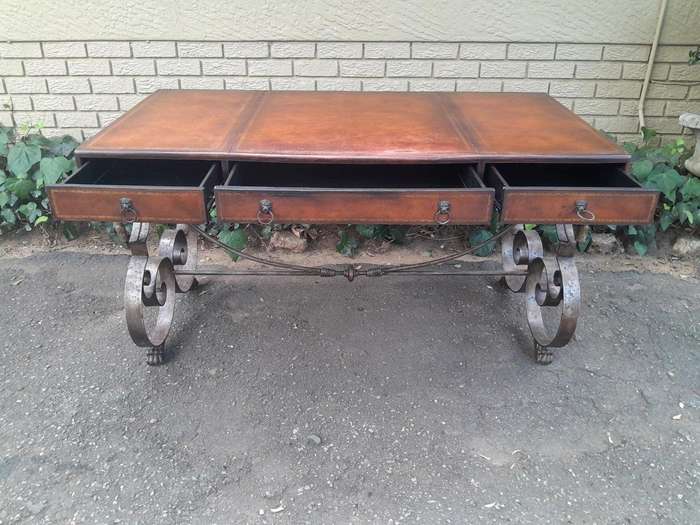 A 20TH Century American Maitland-Smith Victorian Style Leather Clad Wooden Table Desk On A Metal ...