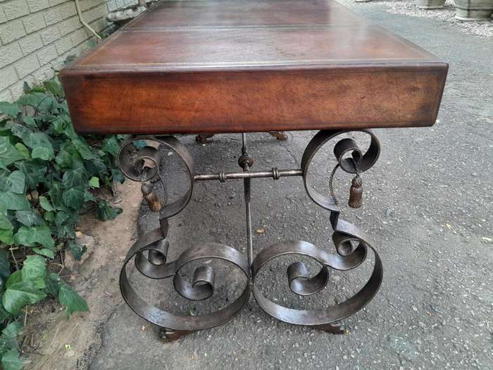 A 20TH Century American Maitland-Smith Victorian Style Leather Clad Wooden Table Desk On A Metal ...