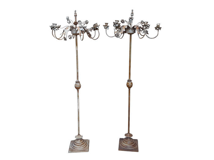 A 20TH Century Pair Of Wrought Iron Floor Candelabras