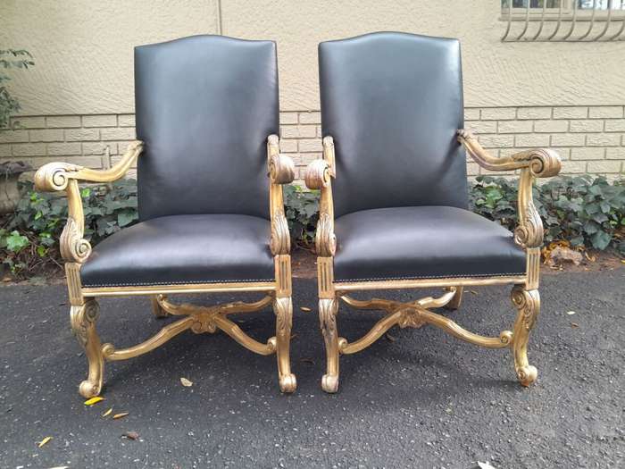 A 20TH Century French Louis XIV Style Carved And Hand Gilded in Gold Leaf Armchairs Upholstered I...