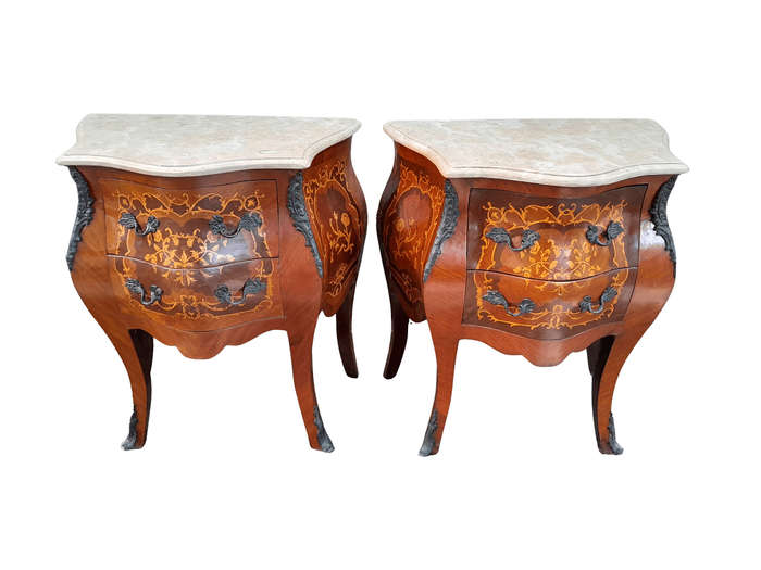 A 20th Century Pair of French Style Inlaid Mahogany Pedestals with Drawers and Marble Tops