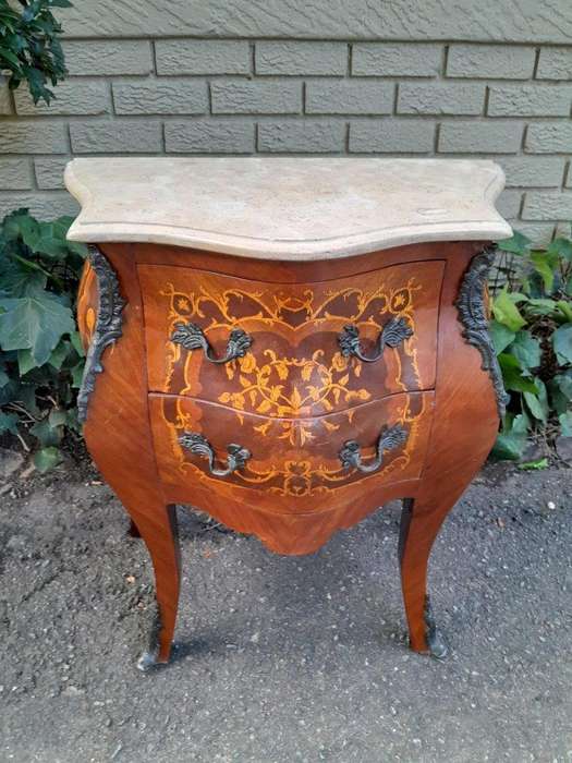 A 20th Century Pair of French Style Inlaid Mahogany Pedestals with Drawers and Marble Tops
