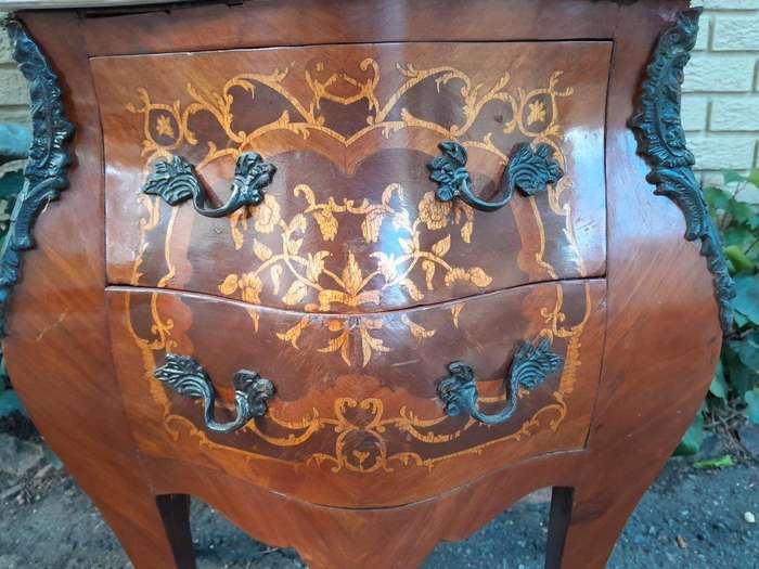 A 20th Century Pair of French Style Inlaid Mahogany Pedestals with Drawers and Marble Tops