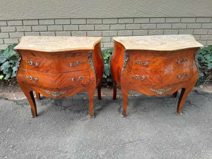 A 20th Century Pair of French Style Mahogany Bombe Pedestals with Marble Tops & Ormolu Mounts