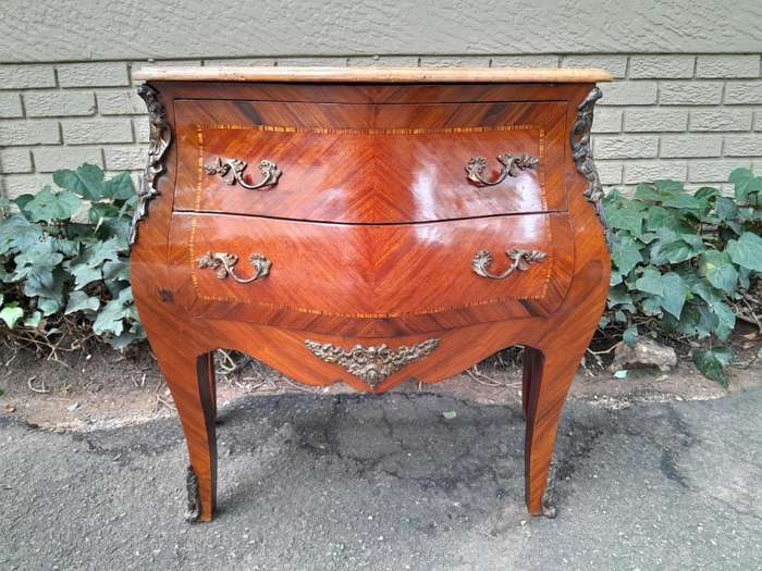 A 20th Century Pair of French Style Mahogany Bombe Pedestals with Marble Tops & Ormolu Mounts