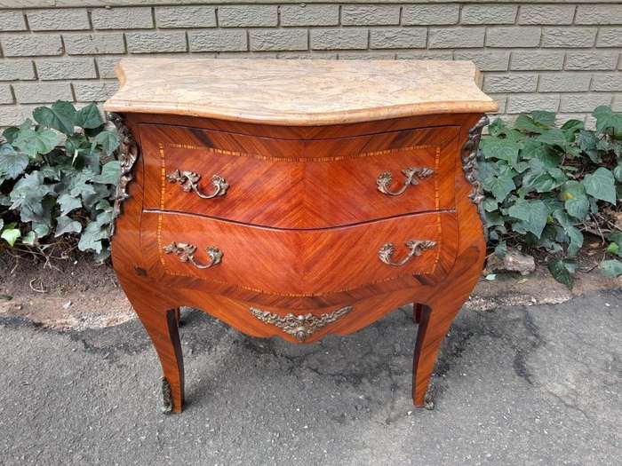 A 20th Century Pair of French Style Mahogany Bombe Pedestals with Marble Tops & Ormolu Mounts