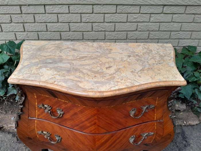 A 20th Century Pair of French Style Mahogany Bombe Pedestals with Marble Tops & Ormolu Mounts