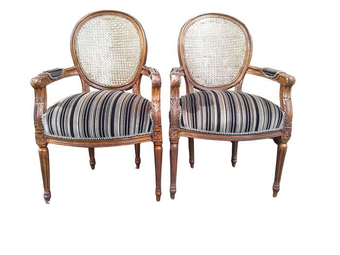 A Pair Of French Style Rattan And Carved Wooden Gilded Armchairs