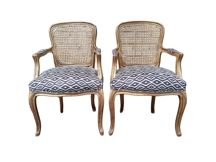 A Pair Of French Style Rattan And Carved Wooden Gilded Armchairs