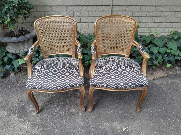 A Pair Of French Style Rattan And Carved Wooden Gilded Armchairs