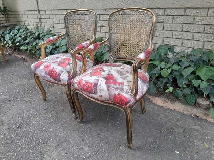 A Pair Of French Style Rattan And Carved Wooden Gilded Armchairs