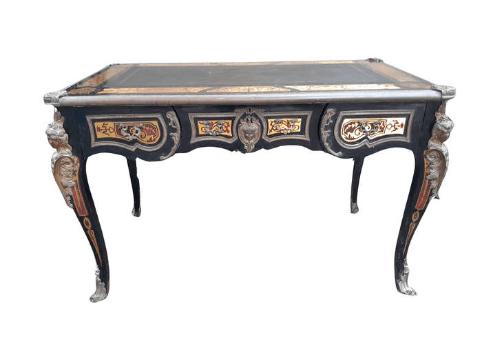 A French Style Louis XV Boulle Bureau Plat Writing Desk with Ormolu Mounts and Leather Top with G...