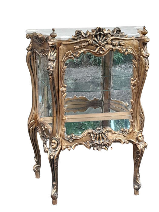 A 20th Century Ornate French Style Carved & Gilded Display Cabinet / Vitrine with Marble Top