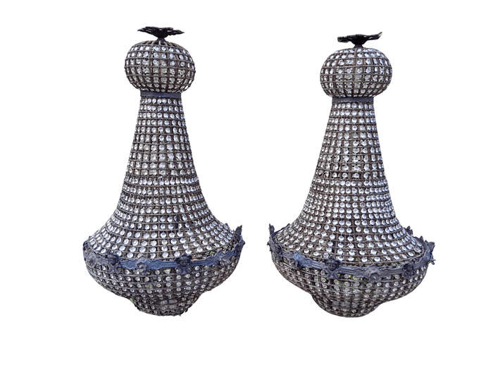 A French Style Pair of Large Gilt & Aged Monumental Empire Style Chandeliers