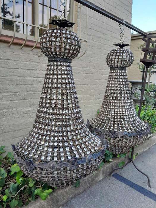 A French Style Pair of Large Gilt & Aged Monumental Empire Style Chandeliers