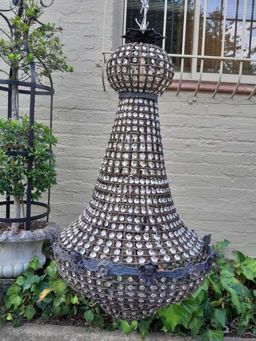 A French Style Pair of Large Gilt & Aged Monumental Empire Style Chandeliers