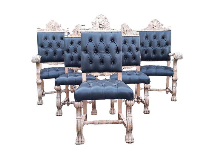 A 19th Century Spanish Heavily Carved Wooden Set of Six Mahogany Chairs (Comprises a Pair of Carv...