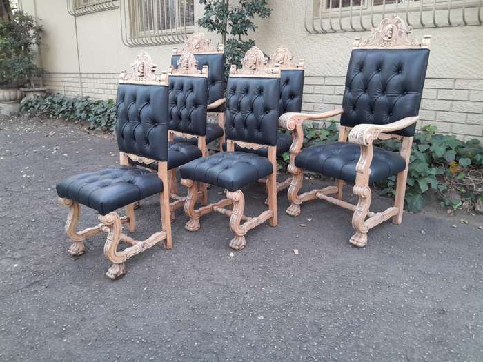 A 19th Century Spanish Heavily Carved Wooden Set of Six Mahogany Chairs (Comprises a Pair of Carv...