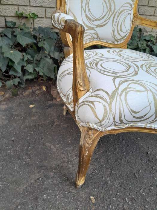 A 19th Century Pair of French Carved and Gilded Wooden Armchairs Upholstered in a Custom Made Fab...