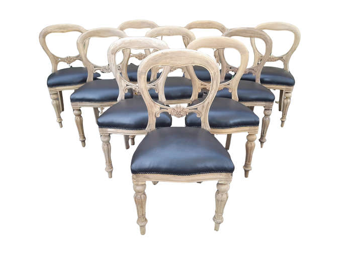 A Victorian Style Set of Ten Dining Chairs in a Contemporary Bleached Finish with Deep Buttoned L...