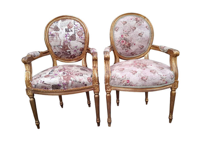 A 20th Century French Louis XVI Style Pair of Ornately Carved Gold Armchairs
