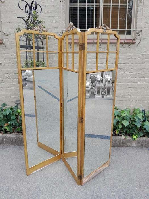 A Late 19th/Early 20TH Century French Carved Wooden Gilt Three Panel Screen With Mirrored Top Panels