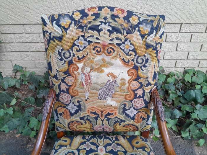 A 19th Century Renaissance Revival Carved Walnut Armchair in  Gobelin Style Tapestry 