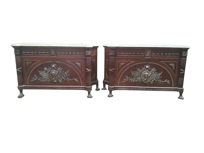 A 20th Century Rare Pair of French Style Mahogany Chests / Servers / Sideboards / Cabinets with O...