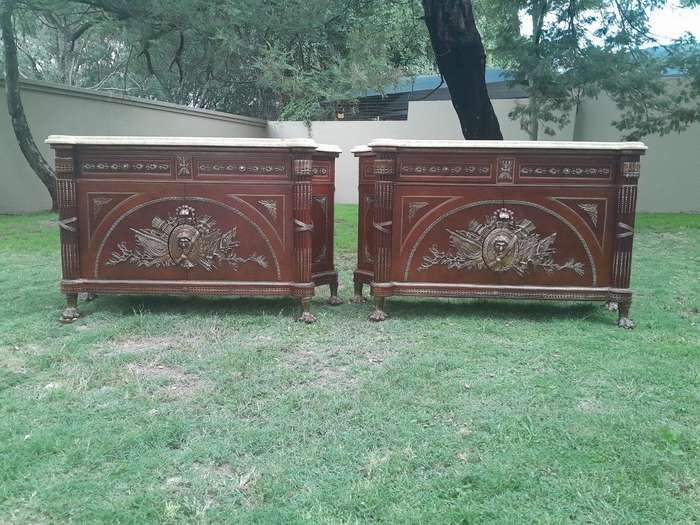 A 20th Century Rare Pair of French Style Mahogany Chests / Servers / Sideboards / Cabinets with O...