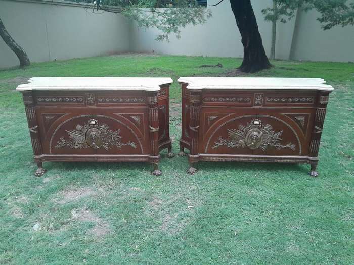 A 20th Century Rare Pair of French Style Mahogany Chests / Servers / Sideboards / Cabinets with O...