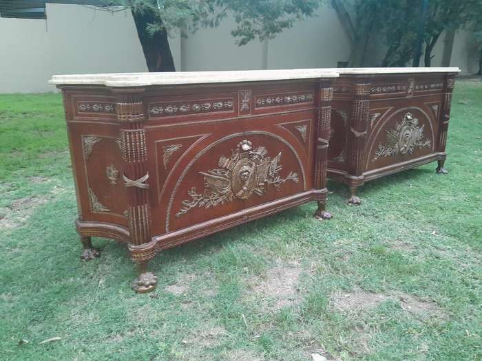 A 20th Century Rare Pair of French Style Mahogany Chests / Servers / Sideboards / Cabinets with O...