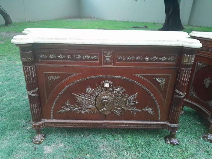 A 20th Century Rare Pair of French Style Mahogany Chests / Servers / Sideboards / Cabinets with O...