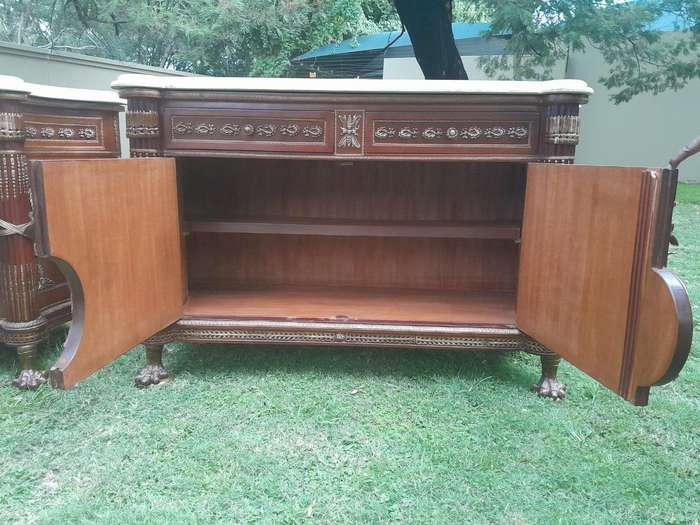 A 20th Century Rare Pair of French Style Mahogany Chests / Servers / Sideboards / Cabinets with O...