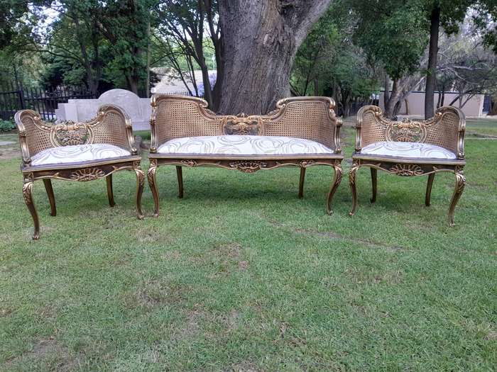 A 20TH Century French Louis XVI Style Giltwood Rattan Settee and Two Matching Bergere Chairs Upho...