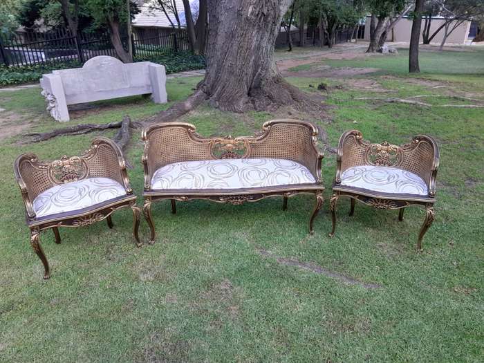 A 20TH Century French Louis XVI Style Giltwood Rattan Settee and Two Matching Bergere Chairs Upho...