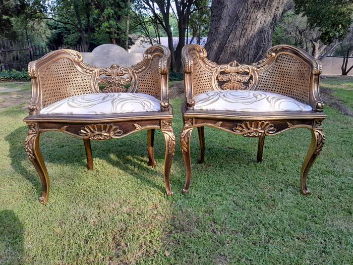 A 20TH Century French Louis XVI Style Giltwood Rattan Settee and Two Matching Bergere Chairs Upho...