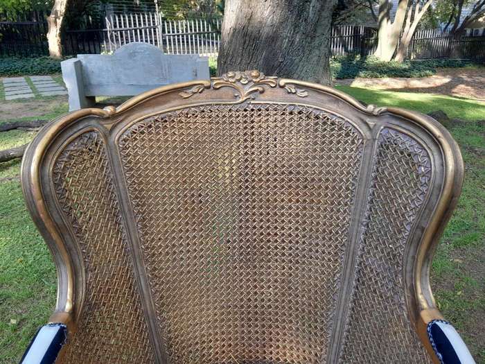 A Pair of 20th Century French Style Gilt Wood Arm Chairs with Rattan Back