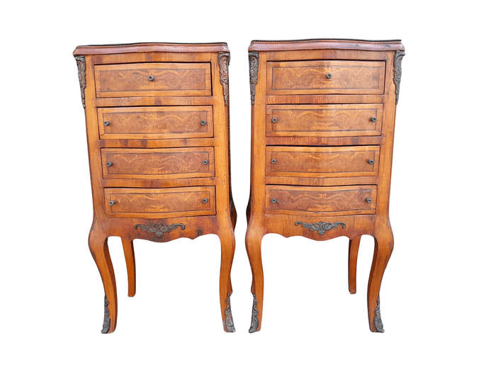 A 20th Century Circa 1920 Pair of French Walnut and Inlaid Bowfront Pedestals with Gilt Metal M...