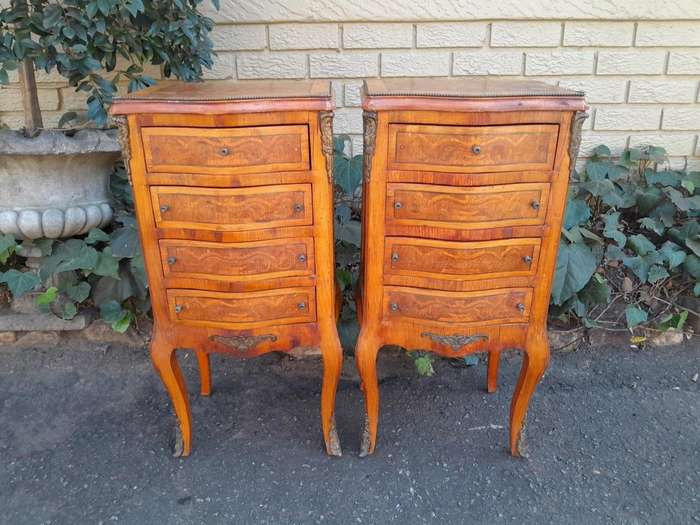 A 20th Century Circa 1920 Pair of French Walnut and Inlaid Bowfront Pedestals with Gilt Metal M...