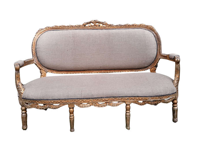 A 19TH Century Circa 1880 French Carved  Giltwood  Settee Upholstered In A Contemporary Hessian...