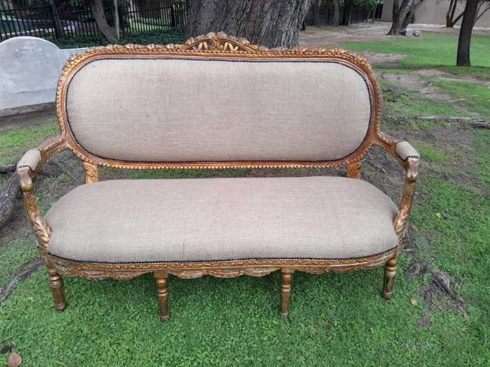 A 19TH Century Circa 1880 French Carved  Giltwood  Settee Upholstered In A Contemporary Hessian...