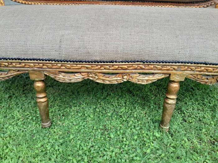 A 19TH Century Circa 1880 French Carved  Giltwood  Settee Upholstered In A Contemporary Hessian...