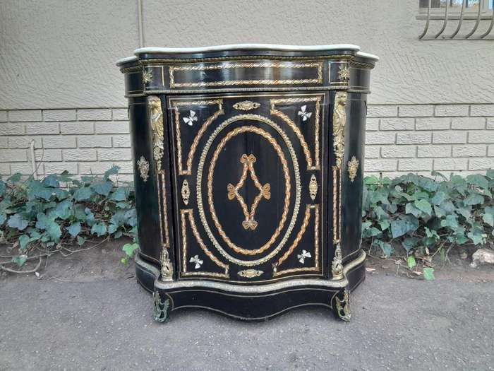 A 19th Century French Credenza With Marquetry Inlay. Mother Of Pearl And Ormolu And White Marble Top