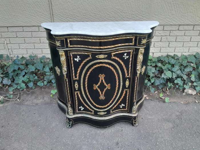 A 19th Century French Credenza With Marquetry Inlay. Mother Of Pearl And Ormolu And White Marble Top