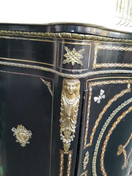 A 19th Century French Credenza With Marquetry Inlay. Mother Of Pearl And Ormolu And White Marble Top