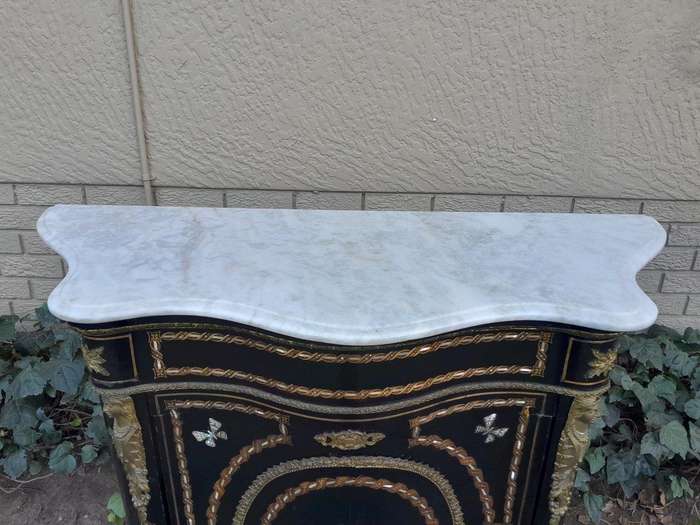 A 19th Century French Credenza With Marquetry Inlay. Mother Of Pearl And Ormolu And White Marble Top