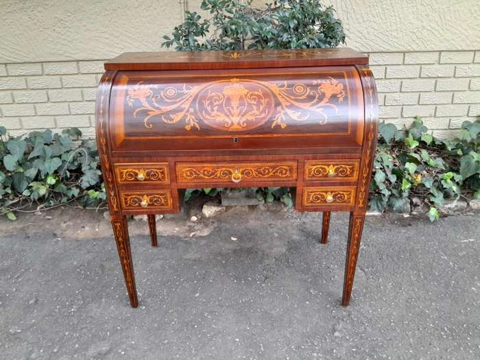 A 20th Century Rosewood And Inlaid Marquetry Cylinder Desk With Pull Out Writing Section